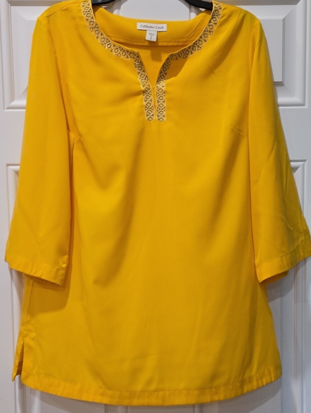 Coldwater Creek Sunny Yellow Embroidered Split-Neck Tunic